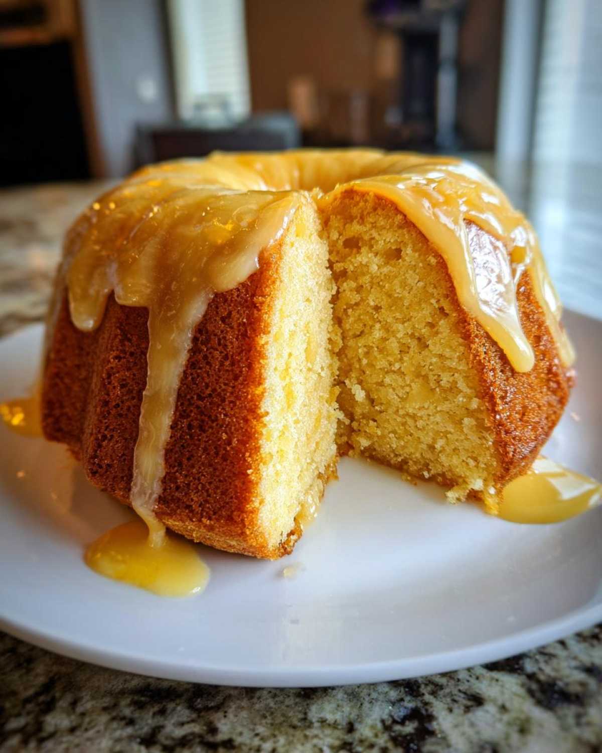 A golden brown lemon pound cake with a thick, dripping lemon glaze, sitting on a white plate with one slice cut out.