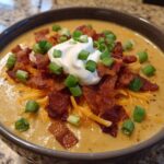 A close-up of a bowl of creamy loaded baked potato soup topped generously with bacon bits, shredded cheddar cheese, sour cream, and green onions.