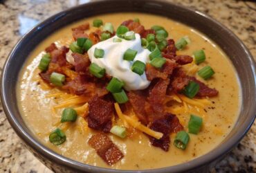 A close-up of a bowl of creamy loaded baked potato soup topped generously with bacon bits, shredded cheddar cheese, sour cream, and green onions.