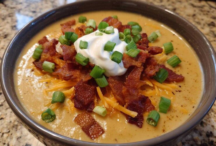 A close-up of a bowl of creamy loaded baked potato soup topped generously with bacon bits, shredded cheddar cheese, sour cream, and green onions.