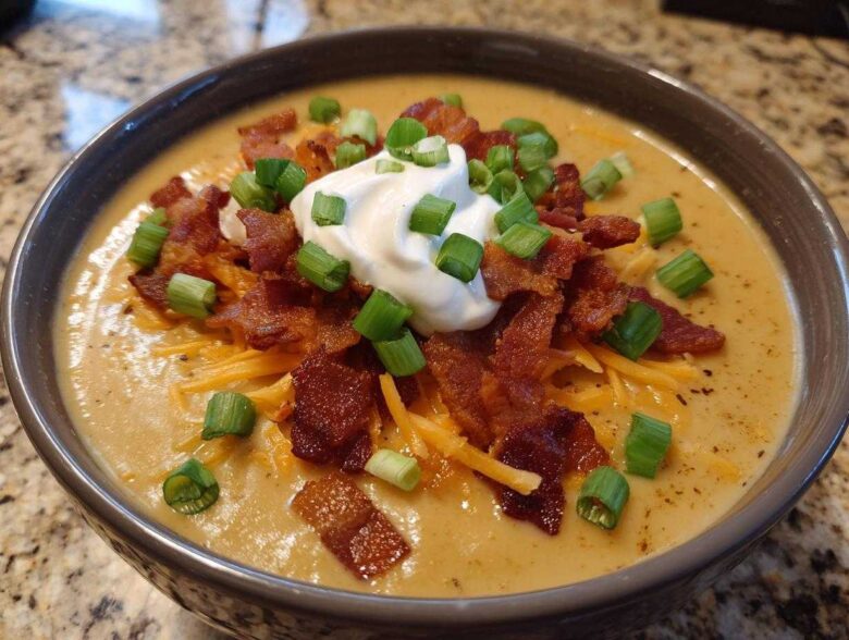 A close-up of a bowl of creamy loaded baked potato soup topped generously with bacon bits, shredded cheddar cheese, sour cream, and green onions.
