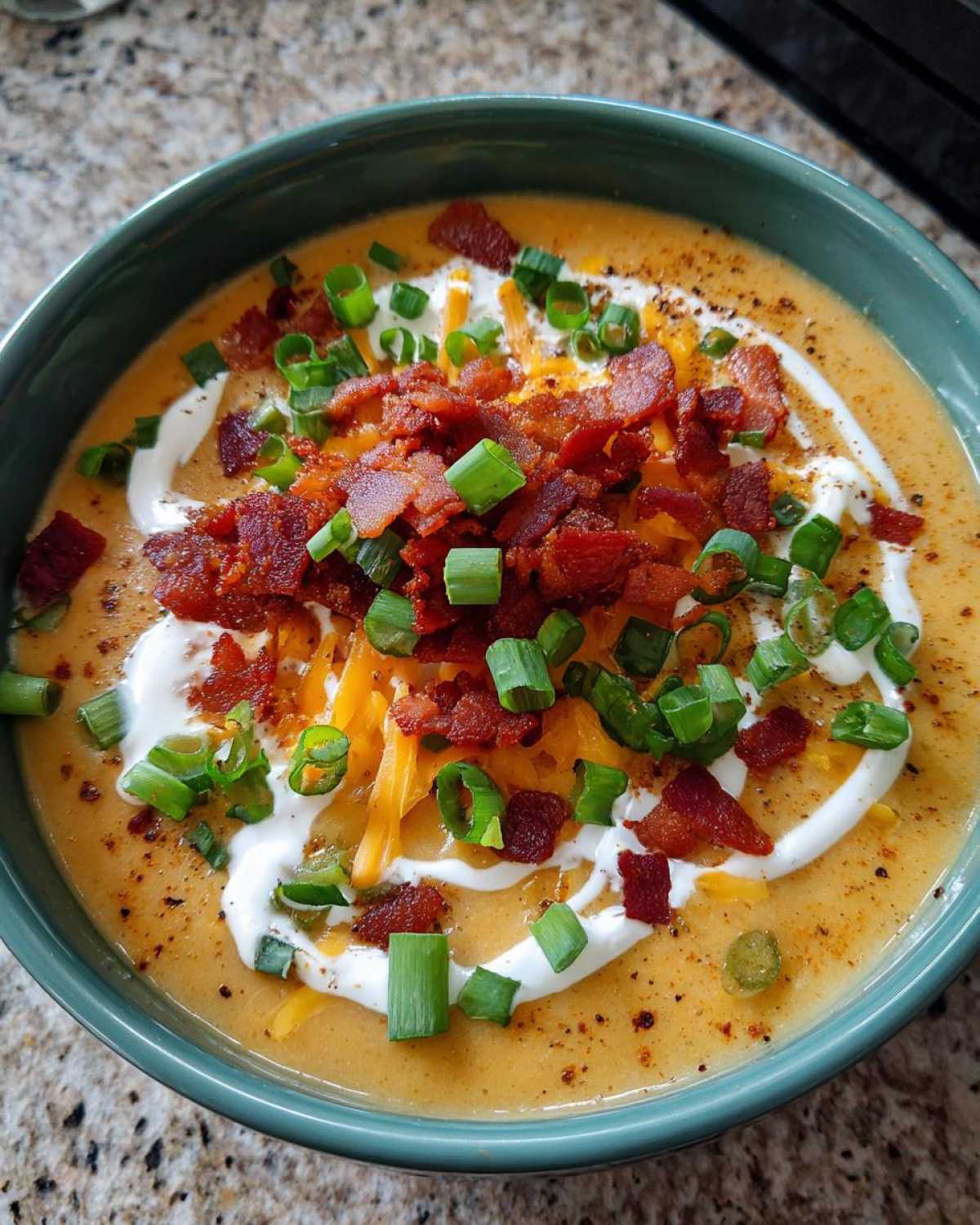 A close-up of a bowl of creamy loaded baked potato soup topped generously with bacon bits, shredded cheese, sour cream, and green onions.