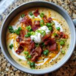 A close-up overhead view of creamy loaded baked potato soup topped with bacon, cheddar cheese, sour cream, and chives.