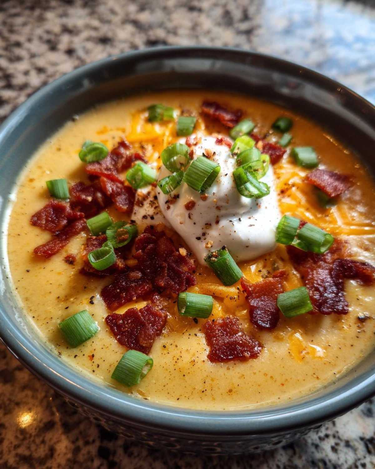 Close-up of a bowl of rich loaded baked potato soup topped with bacon bits, shredded cheese, sour cream, and green onions.