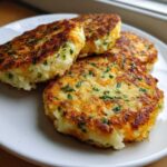 Four golden brown mashed potato cakes, speckled with green chives, piled on a white plate.