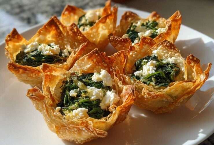 Close-up of golden, crispy wonton cups filled with sautéed spinach and crumbled feta cheese, featuring Mediterranean Spinach and Feta Cheese Crisps.