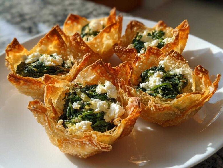 Close-up of golden, crispy wonton cups filled with sautéed spinach and crumbled feta cheese, featuring Mediterranean Spinach and Feta Cheese Crisps.