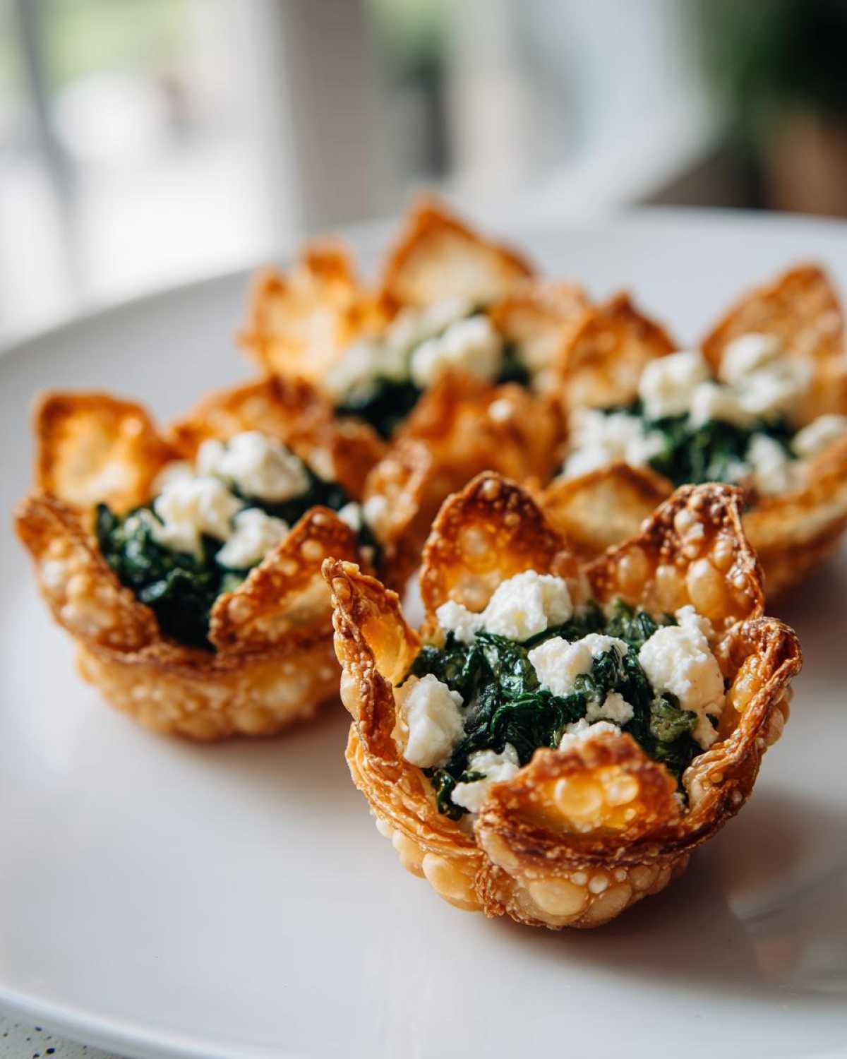 Close-up of crispy wonton cups filled with spinach and feta cheese, perfect Mediterranean Spinach and Feta Cheese Crisps.