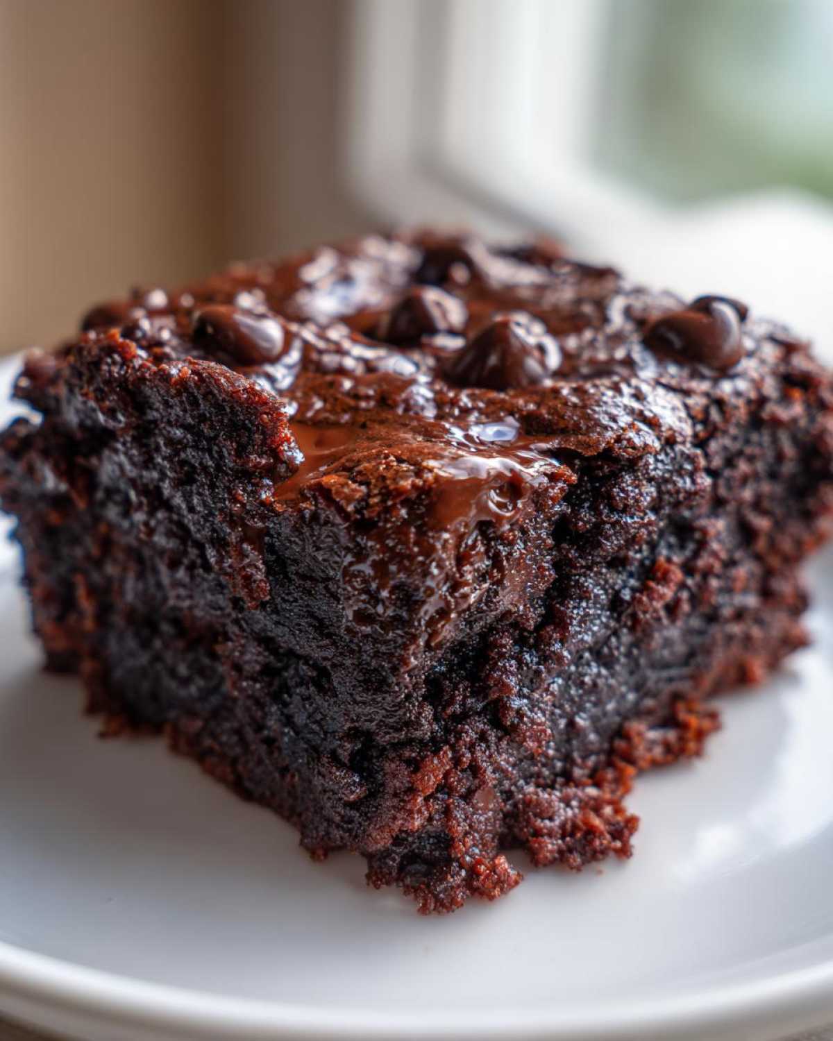 Close-up of a rich, fudgy slice of black bean brownies topped with melted chocolate chips.