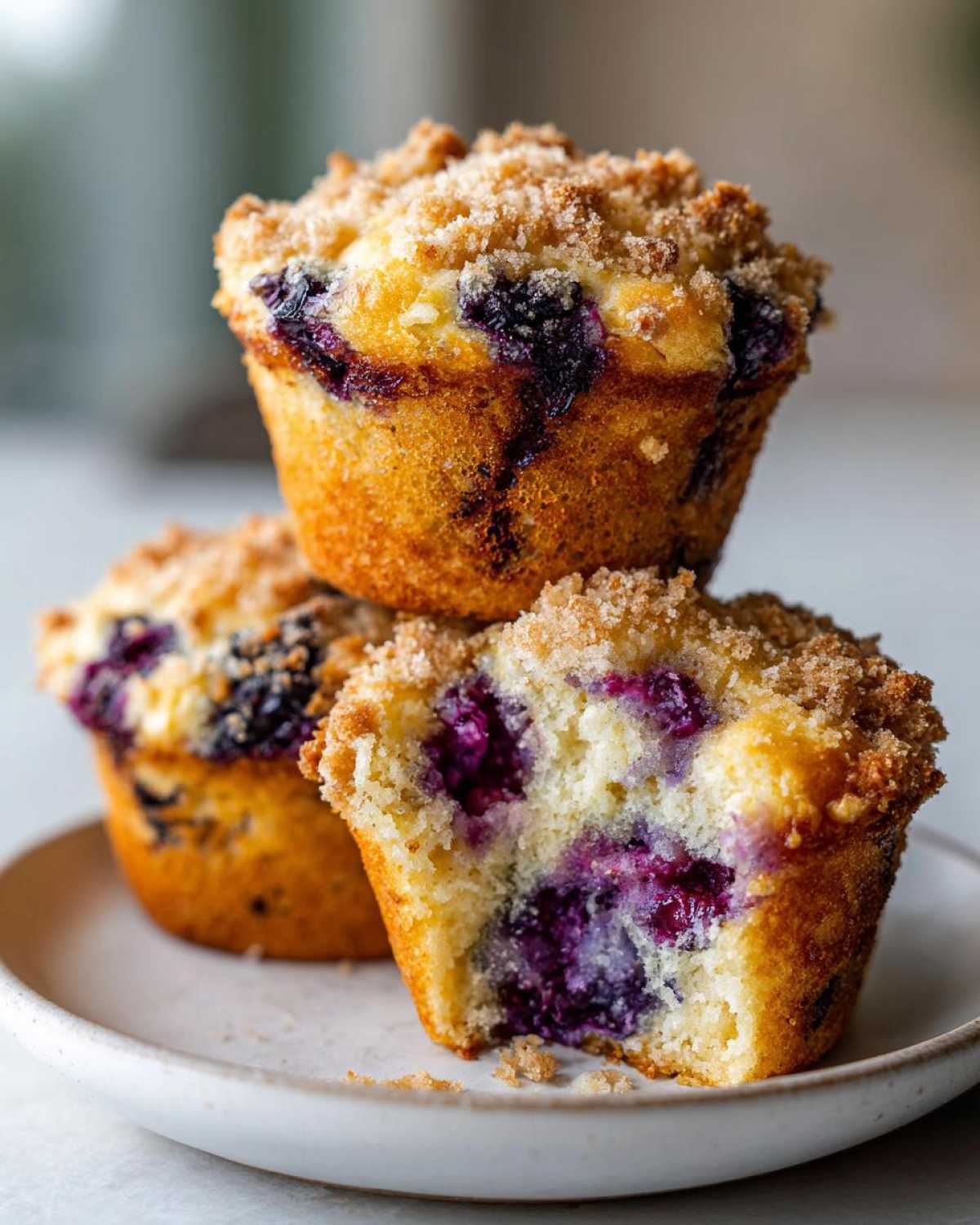 Three moist blueberry muffins stacked on a plate, one cut open showing the juicy interior and crumb topping.