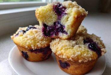 Close-up of three moist blueberry muffins stacked, one broken open showing the rich blueberry filling.