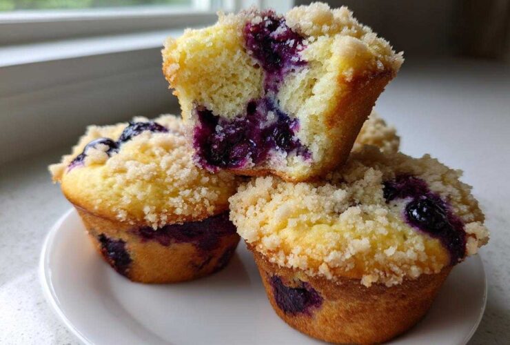 Close-up of three moist blueberry muffins stacked, one broken open showing the rich blueberry filling.