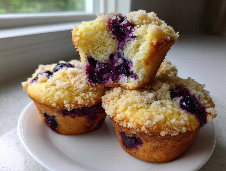 Close-up of three moist blueberry muffins stacked, one broken open showing the rich blueberry filling.