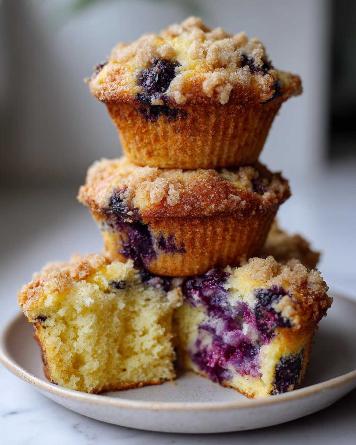 A stack of moist blueberry muffins with a crumb topping, one cut open to show the bright purple interior.