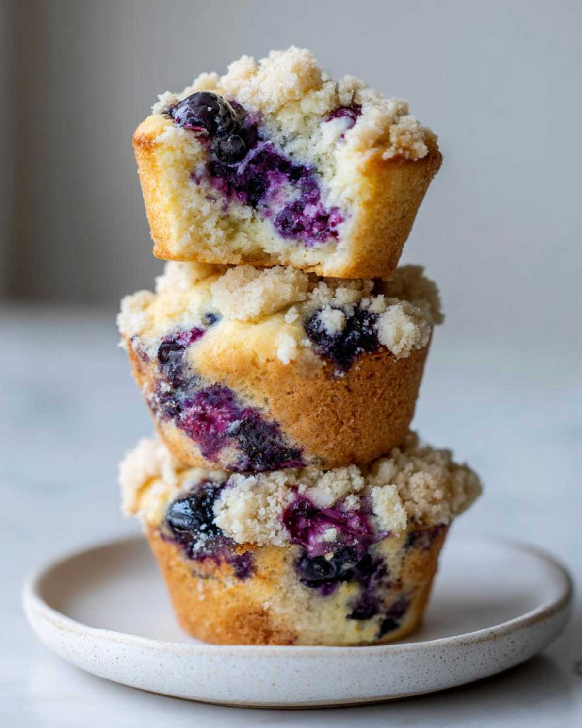 Three moist blueberry muffins stacked vertically, showing the purple blueberry filling and crumb topping.