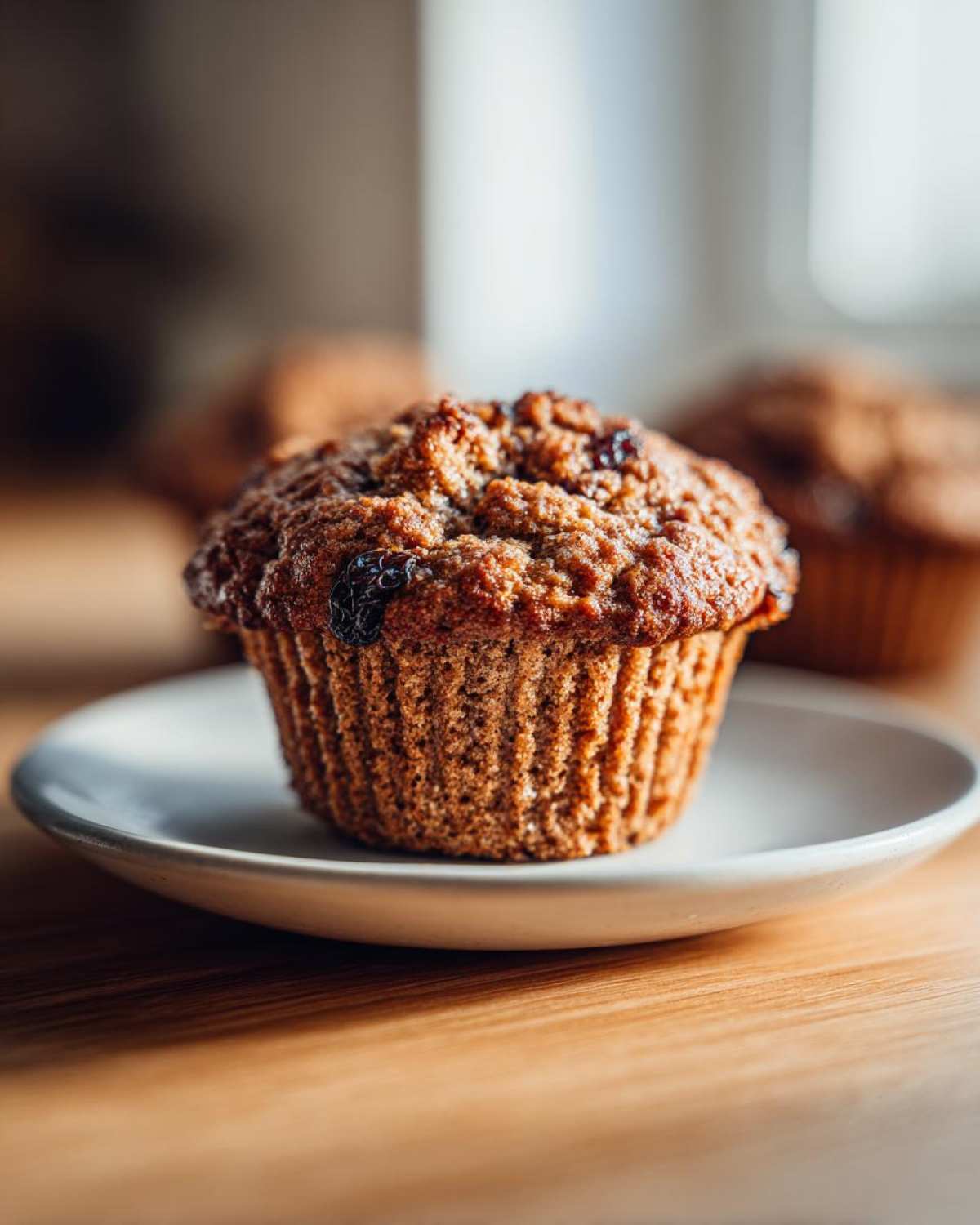 Close-up of a perfectly baked, moist bran muffin topped with raisins, resting on a small white plate.