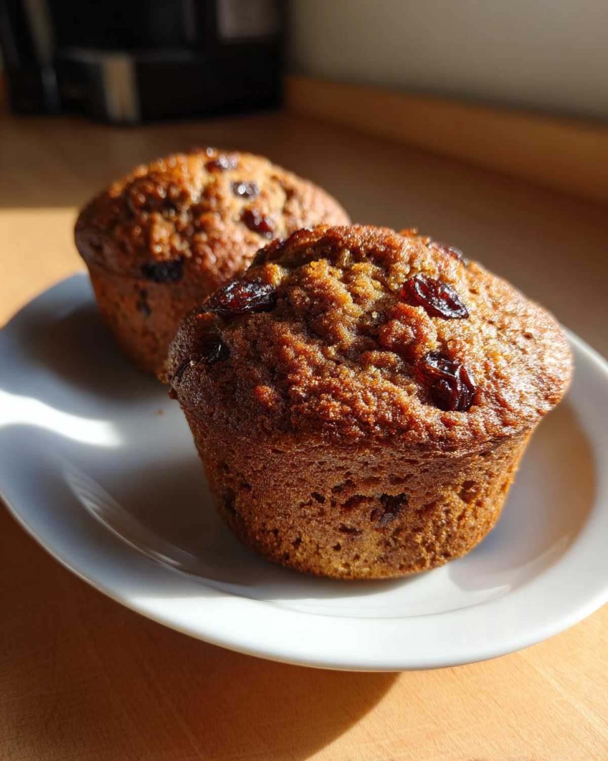 Close-up of two freshly baked, moist bran muffins topped with dried cranberries, sitting on a white plate.