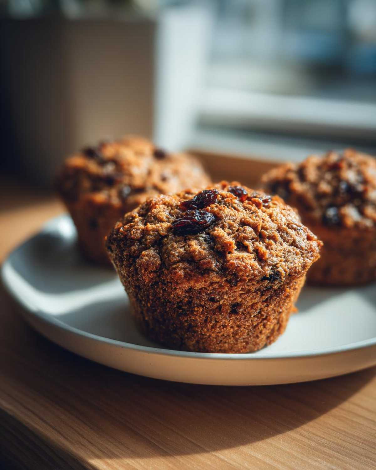 Three freshly baked, moist bran muffins topped with raisins sitting on a light-colored plate.