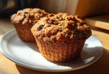 Close-up of two freshly baked, moist bran muffins topped with raisins, sitting on a white plate in warm sunlight.