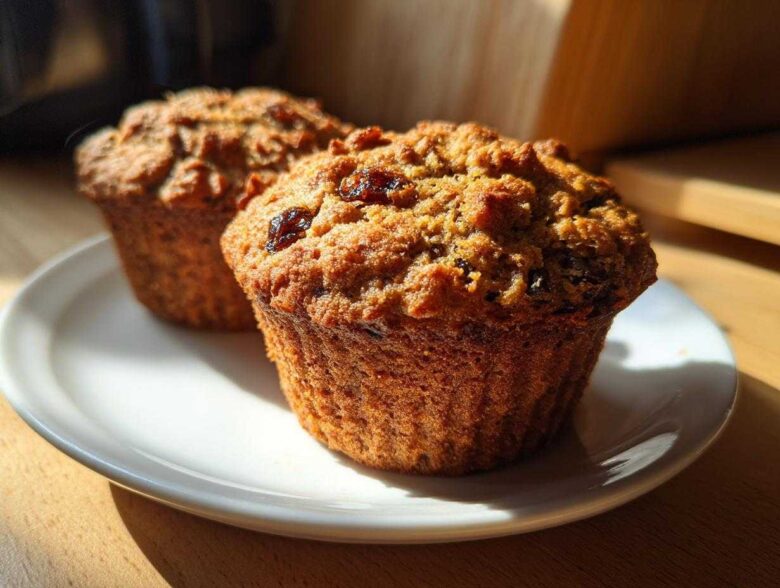 Close-up of two freshly baked, moist bran muffins topped with raisins, sitting on a white plate in warm sunlight.