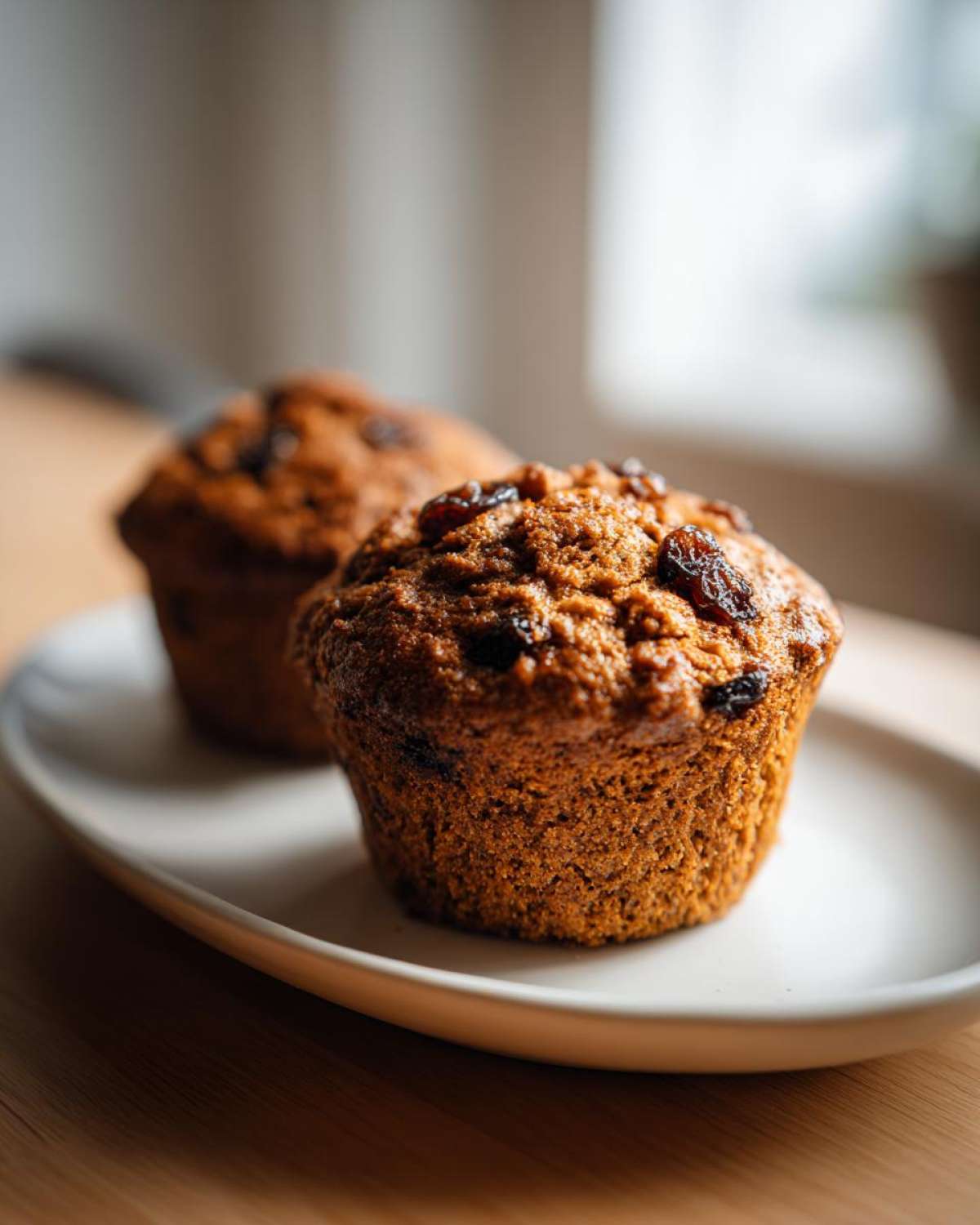 Close-up of two moist bran muffins topped with raisins, sitting on a white plate.