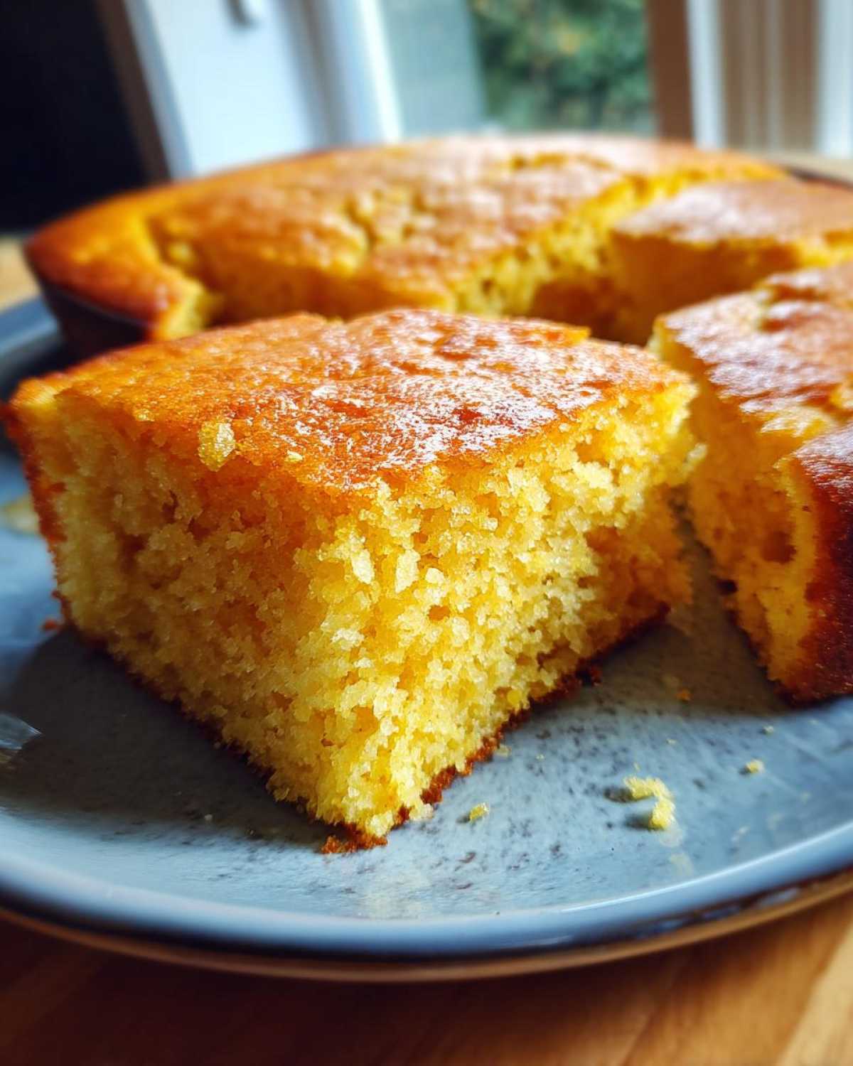 Close-up of a moist, golden slice of buttermilk cornbread served on a blue plate.