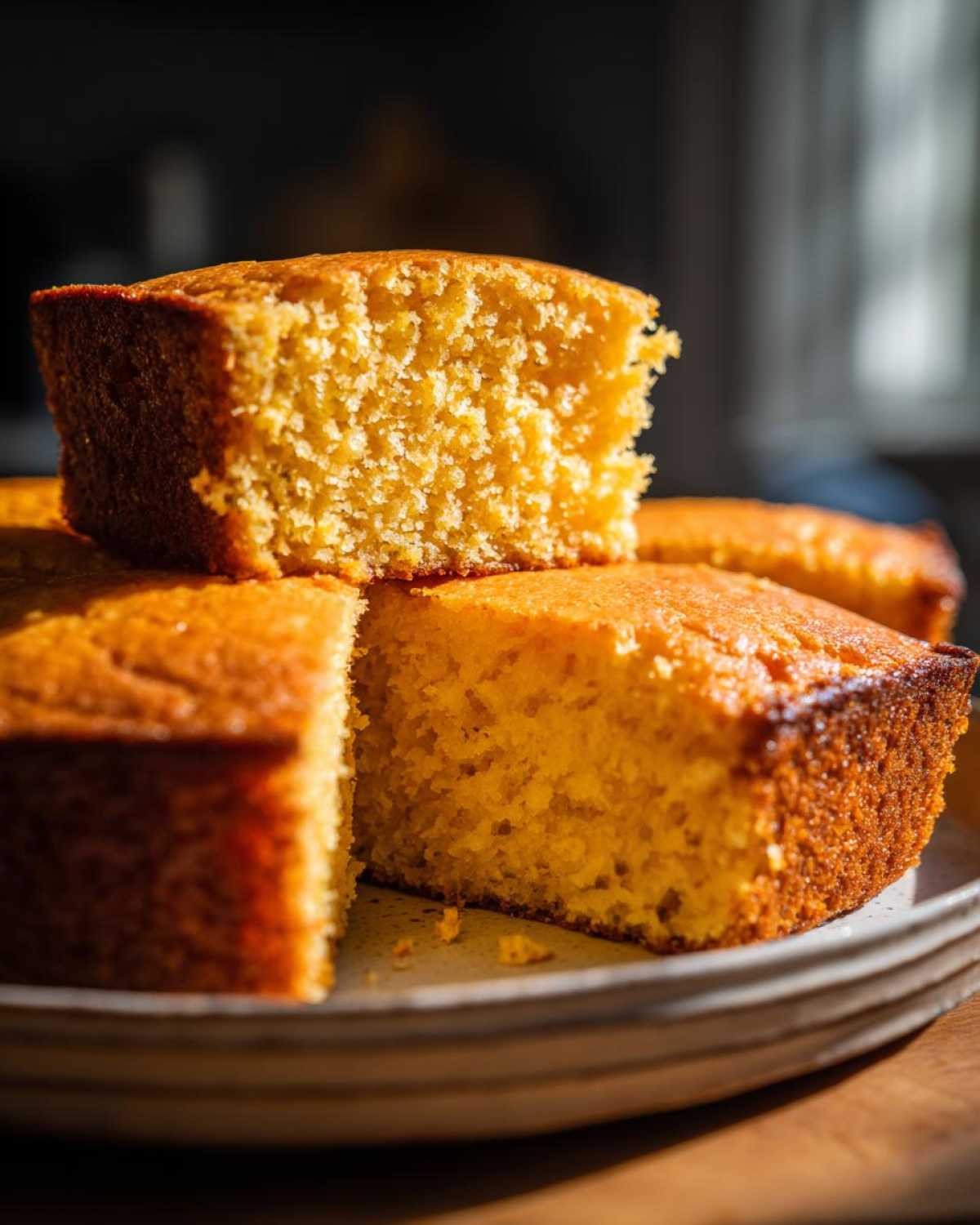 Close-up of moist, golden buttermilk cornbread cut into squares on a rustic plate.