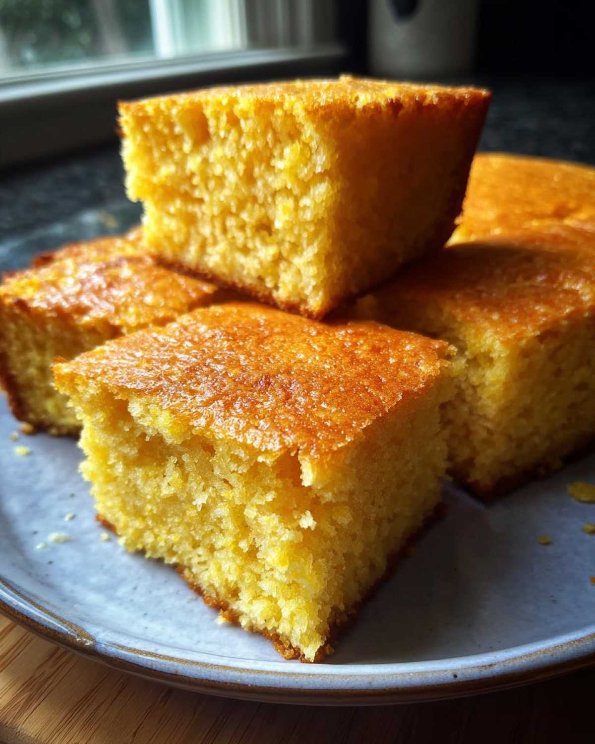 Close-up of several moist, square slices of bright yellow buttermilk cornbread stacked on a light blue plate.