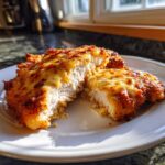 Close-up of juicy caesar chicken cutlets, sliced open to show the white meat and cheesy, browned topping.