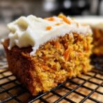 Close-up of a moist slice of carrot cake recipe topped with thick cream cheese frosting and shredded carrots.