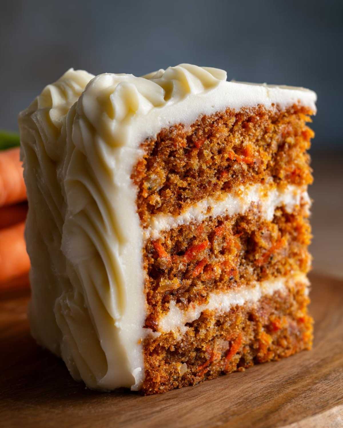 Close-up of a moist, three-layer slice of carrot cake recipe generously covered in piped cream cheese frosting.