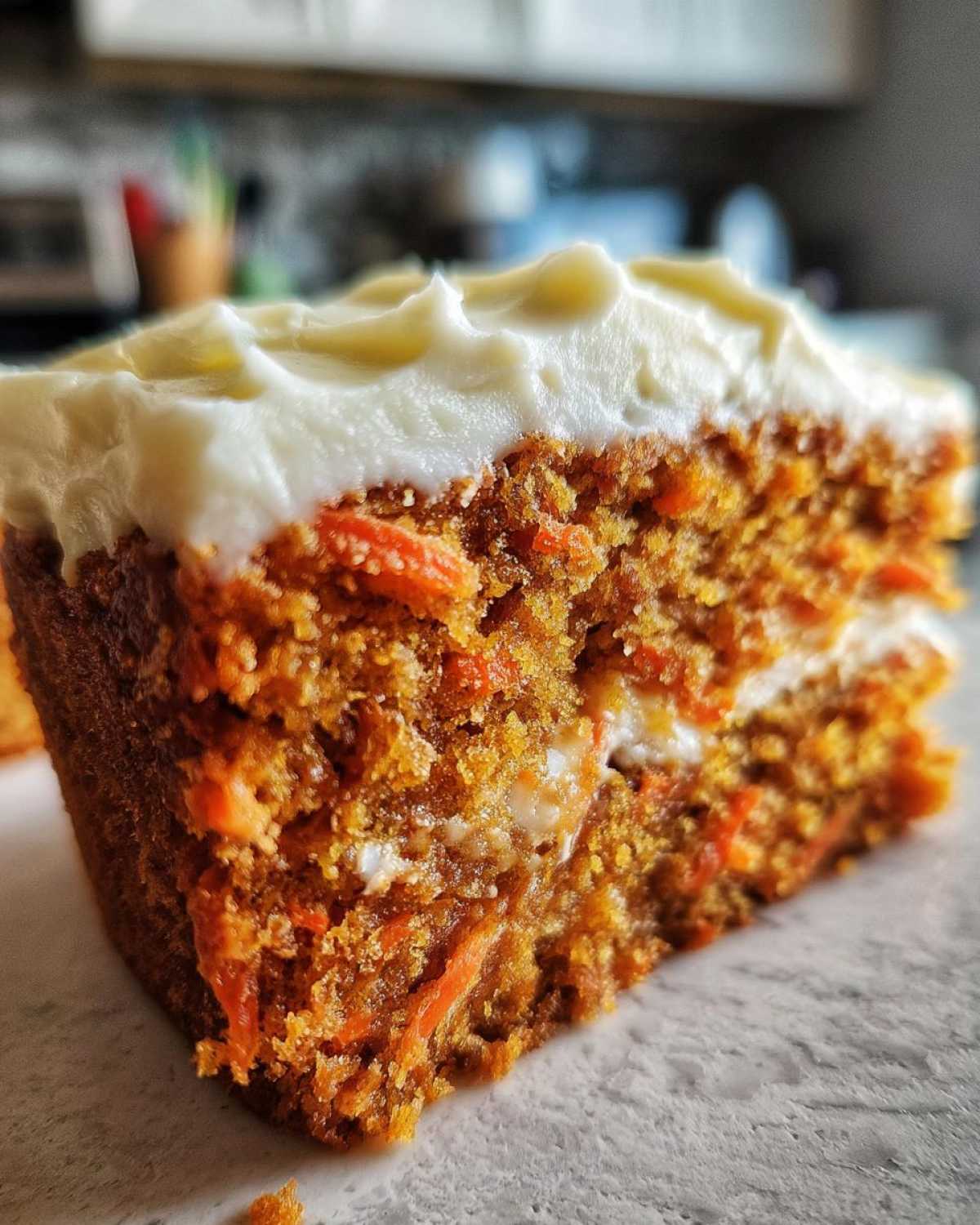 Close-up of a moist slice of carrot cake recipe showing shredded carrots and thick cream cheese frosting.
