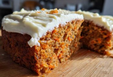 Close-up of a moist slice of carrot cake recipe showing shredded carrots and thick cream cheese frosting.