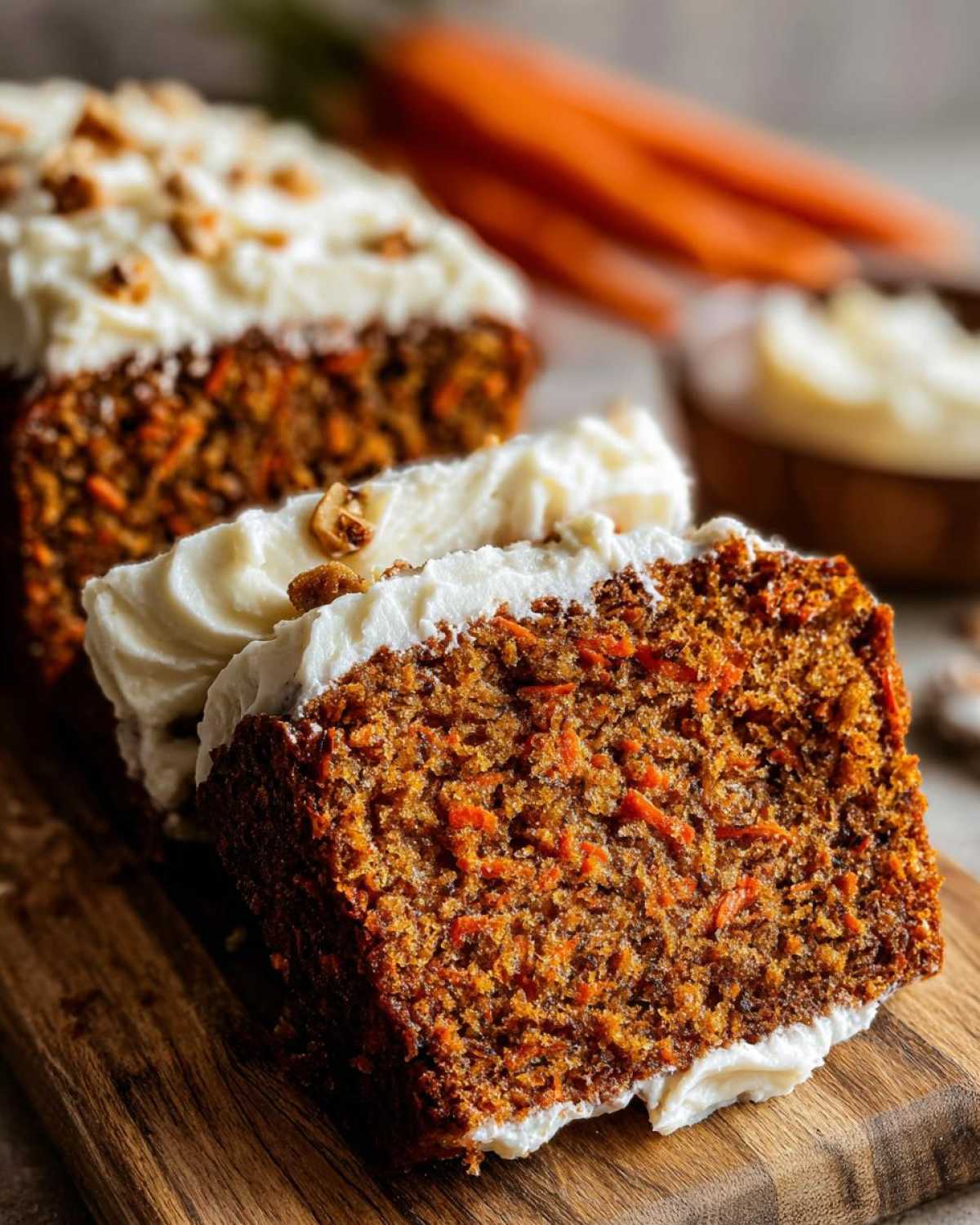 Close-up of a moist slice of carrot cake recipe topped with thick cream cheese frosting and chopped nuts.