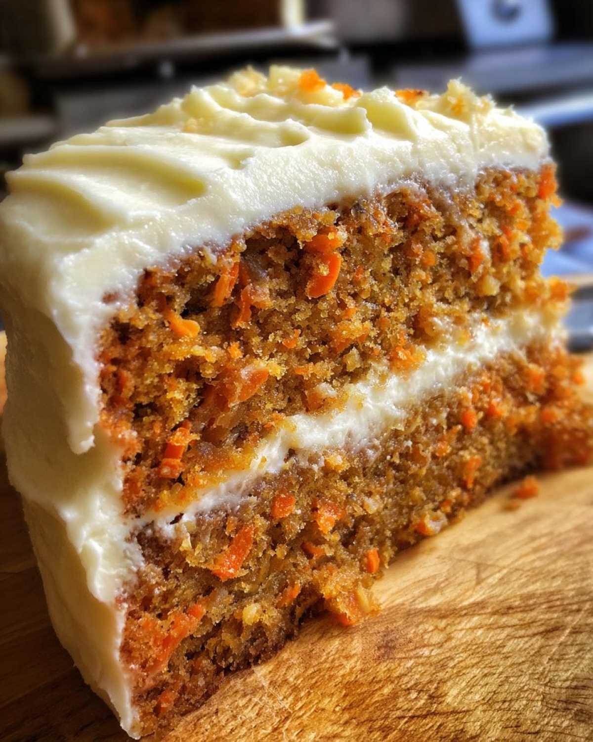 Close-up of a moist slice of carrot cake recipe showing two layers of cake packed with shredded carrots and cream cheese frosting.