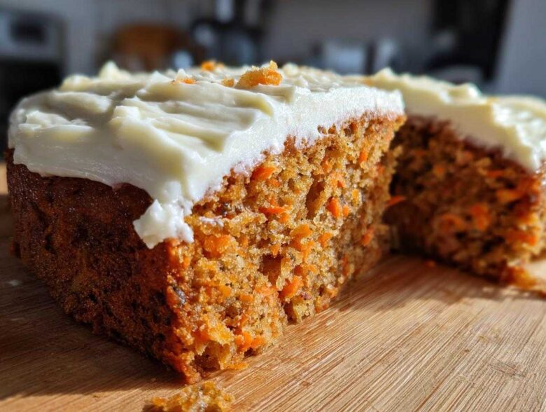 Close-up of a moist slice of carrot cake recipe showing shredded carrots and thick cream cheese frosting.