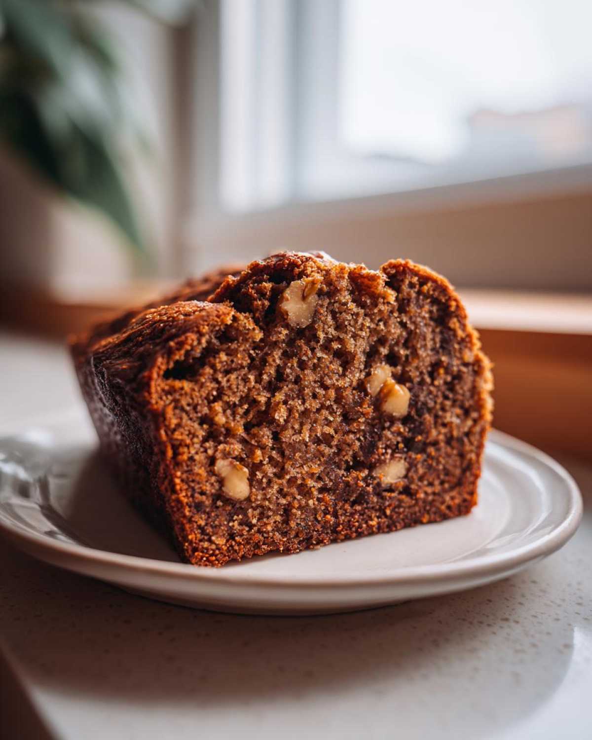 Close-up of a moist slice of homemade date nut bread studded with visible walnuts, resting on a small white plate.