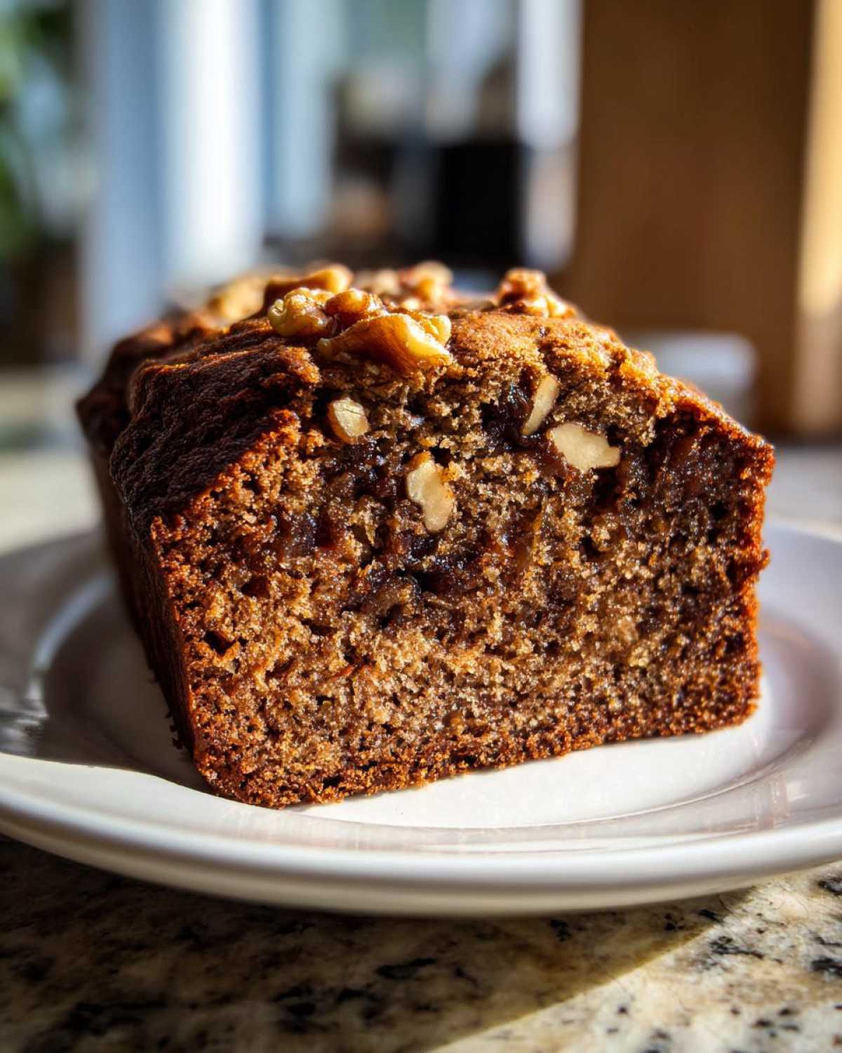 Close-up of a moist slice of date nut bread topped with walnuts, sitting on a white plate.
