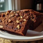 Two slices of moist date nut bread topped with visible walnuts resting on a white plate.