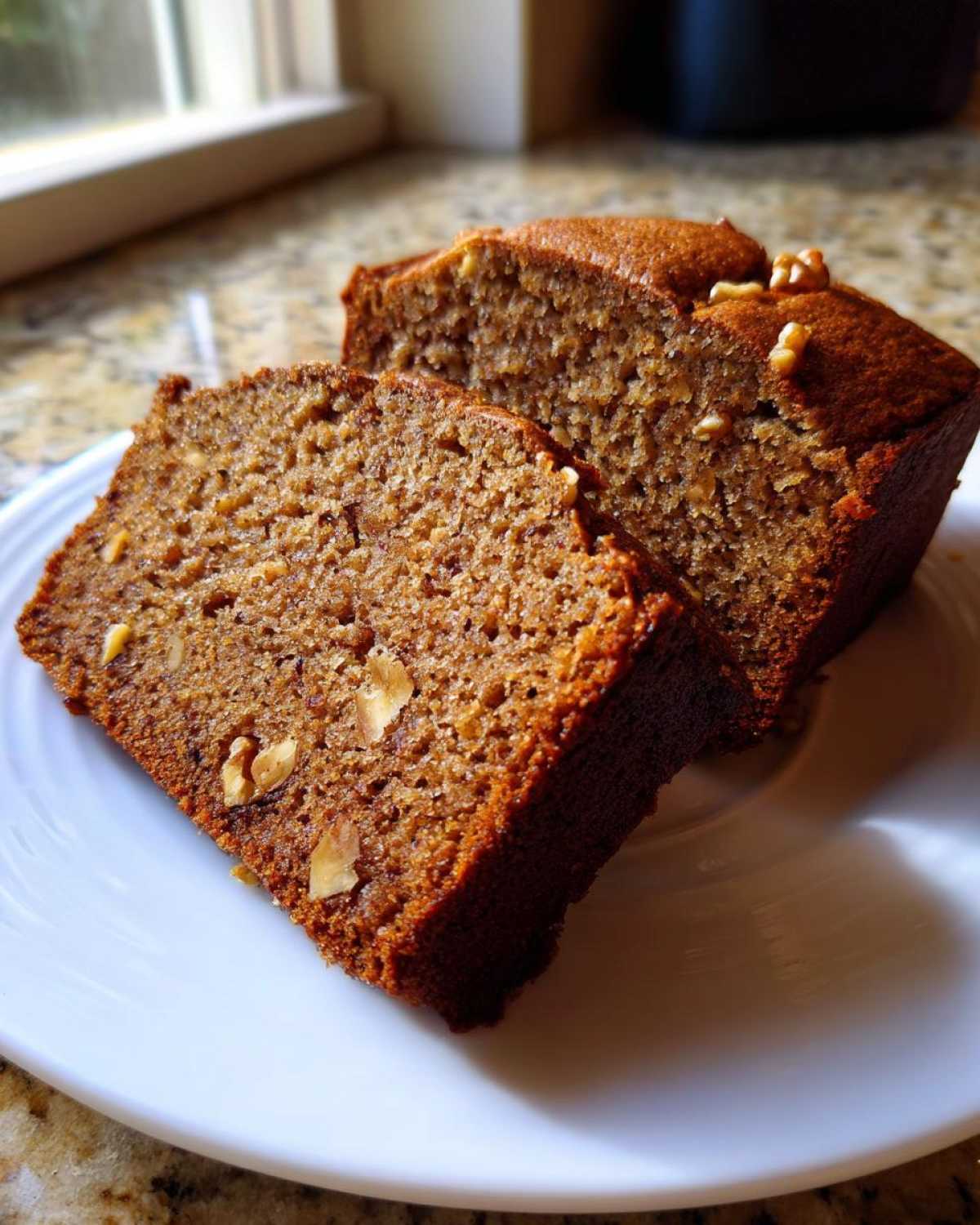 Close-up of two moist slices of date nut bread showing walnuts embedded in the crumb, served on a white plate.