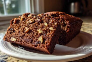 Two slices of moist date nut bread topped with visible walnuts resting on a white plate.
