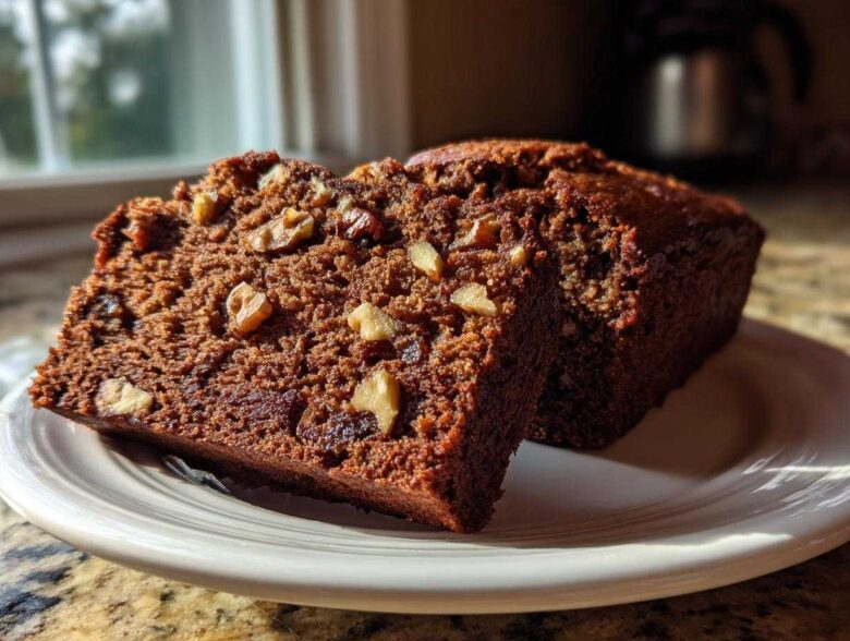 Two slices of moist date nut bread topped with visible walnuts resting on a white plate.