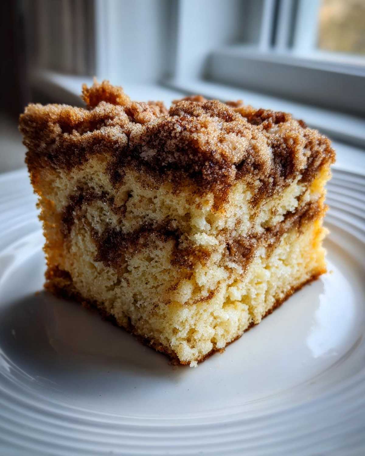 A close-up of a moist slice of sour cream coffee cake featuring a cinnamon swirl and thick, sugary streusel topping.