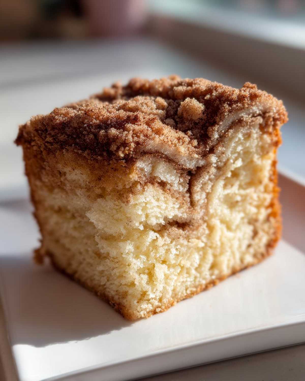 Close-up of a moist slice of sour cream coffee cake showing the light crumb and thick cinnamon streusel topping.