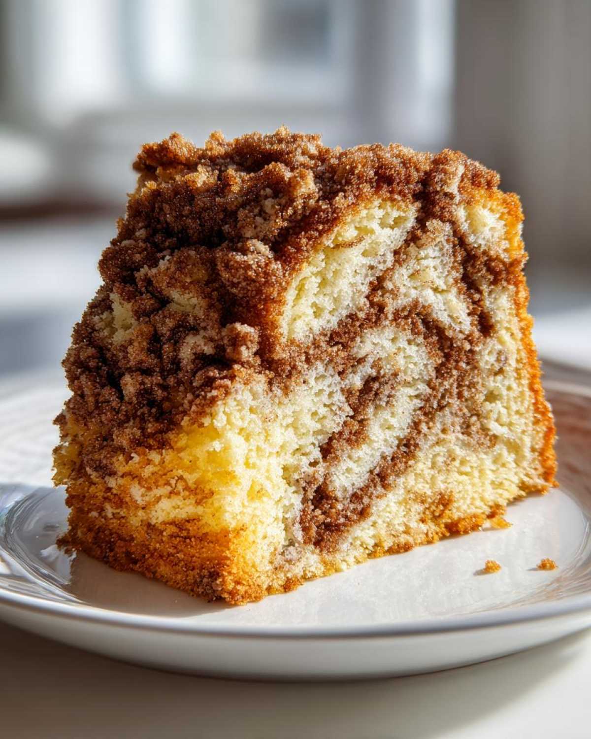 Close-up of a moist slice of sour cream coffee cake showing a marbled interior and thick cinnamon streusel topping.