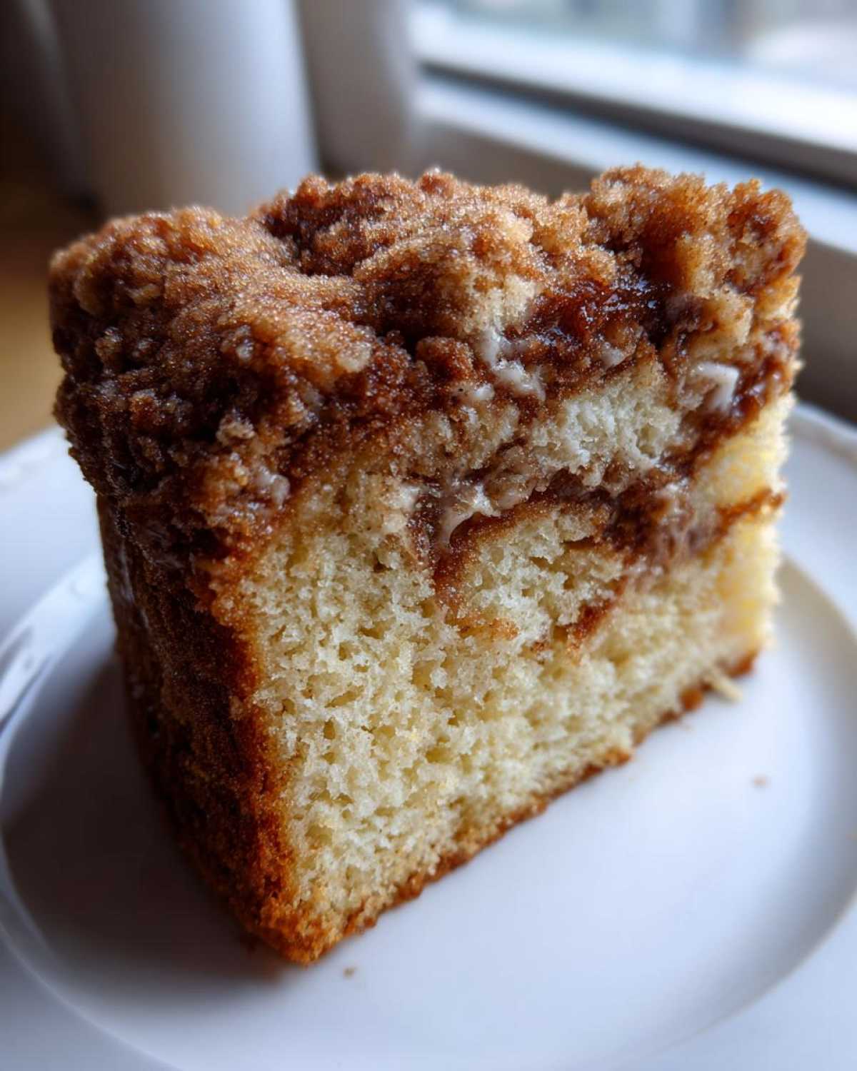 Close-up of a moist slice of sour cream coffee cake showing the tender crumb and thick cinnamon streusel topping.