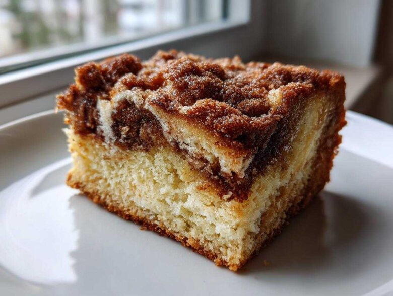 A close-up of a moist slice of sour cream coffee cake featuring a thick cinnamon streusel topping.