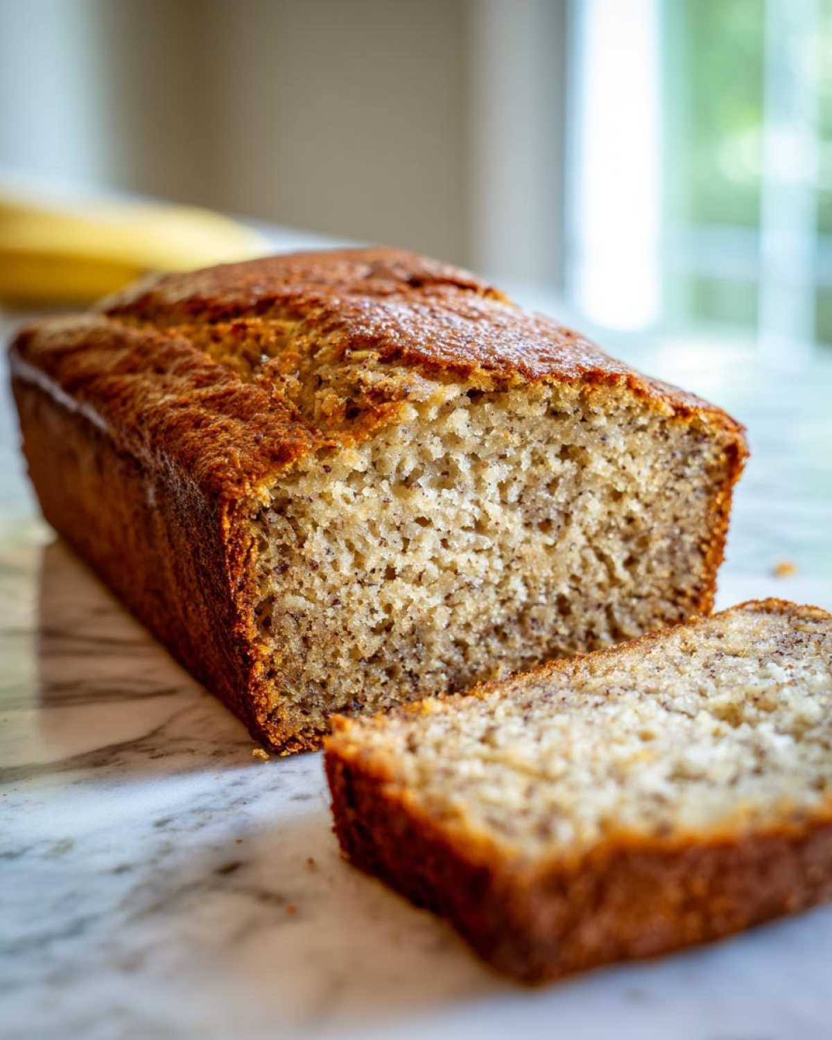 Close-up of a moist sugar free banana bread loaf with one slice cut and resting in front.