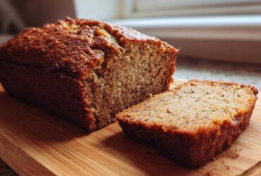 A close-up of a moist sugar free banana bread loaf, partially sliced on a wooden cutting board.