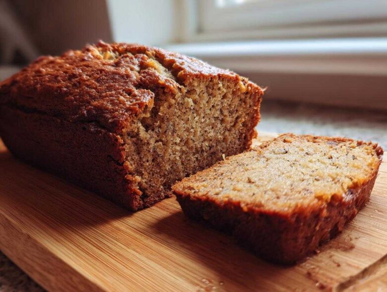 A close-up of a moist sugar free banana bread loaf, partially sliced on a wooden cutting board.
